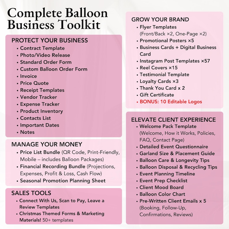 Complete balloon business bundle with editable Canva templates for balloon pricing, welcome packet, order forms, client intake, social media posts, flyers, invoices, and marketing materials—perfect for balloon decorators, party stylists, and event planners to streamline and grow their balloon business.