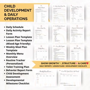 Editable child development tools for daycare providers including daily reports, lesson plans, behavior logs, and potty training trackers to support structured routines