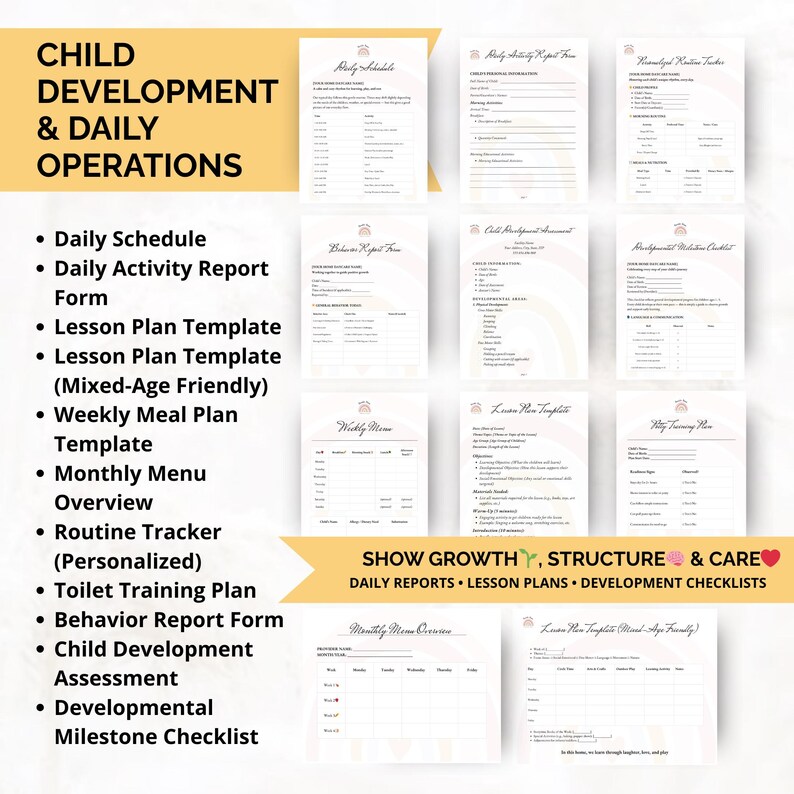 Editable child development tools for daycare providers including daily reports, lesson plans, behavior logs, and potty training trackers to support structured routines