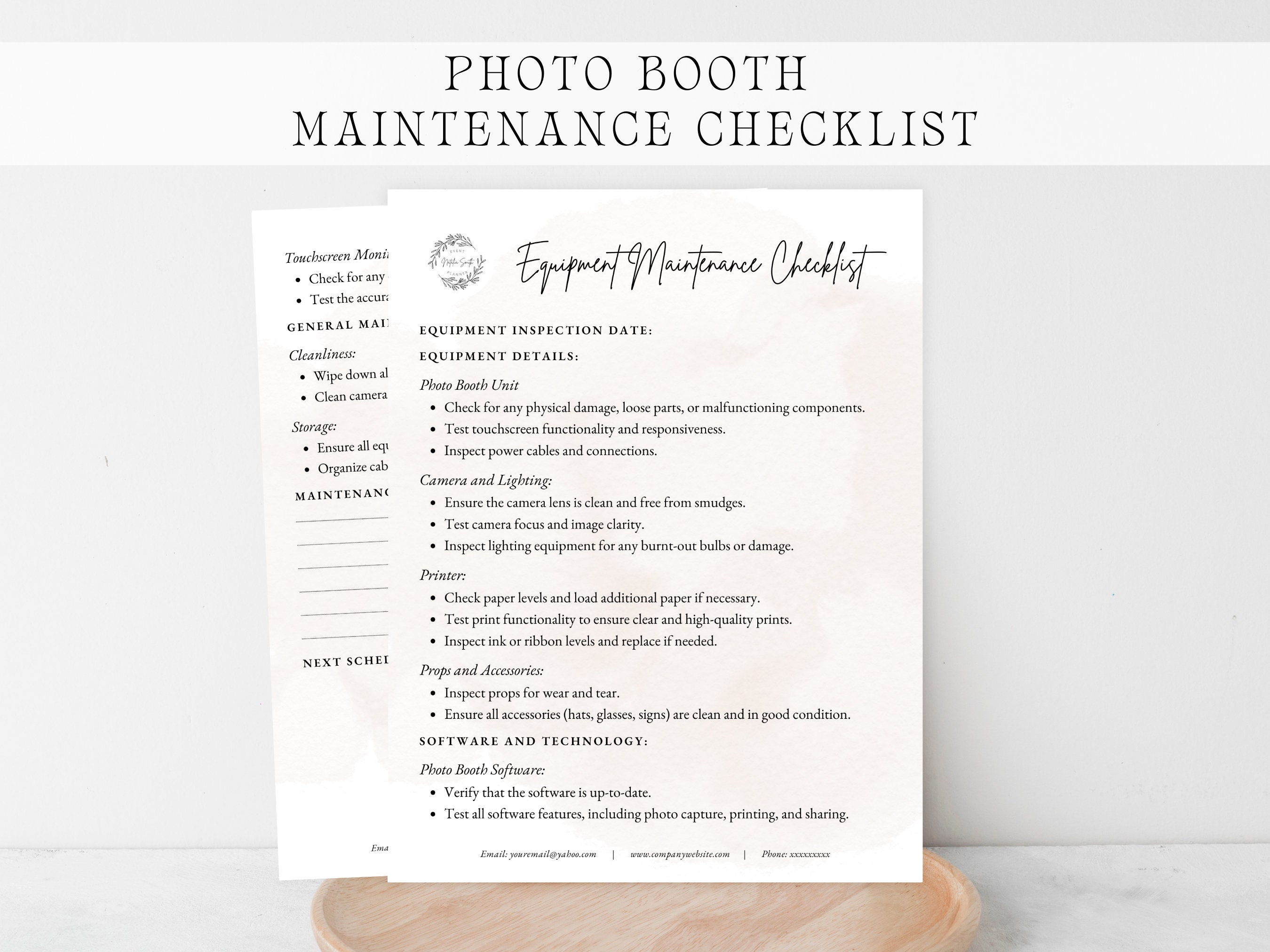 PHOTO BOOTH MAINTENANCE Checklist