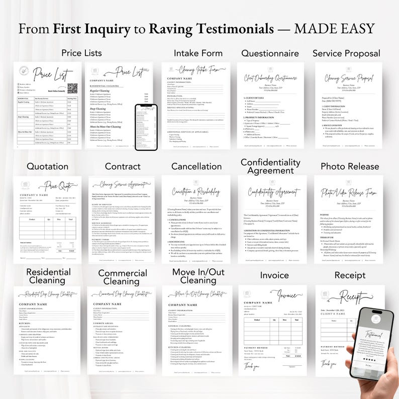 Full suite of cleaning business printables including welcome packs and rescheduling policies to help convert new cleaning leads into loyal clients.