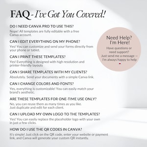 Frequently asked questions for event planner business template bundle explaining Canva editing, mobile customization, printing options, sharing templates with clients, and branding customization for wedding planners and event planning businesses.