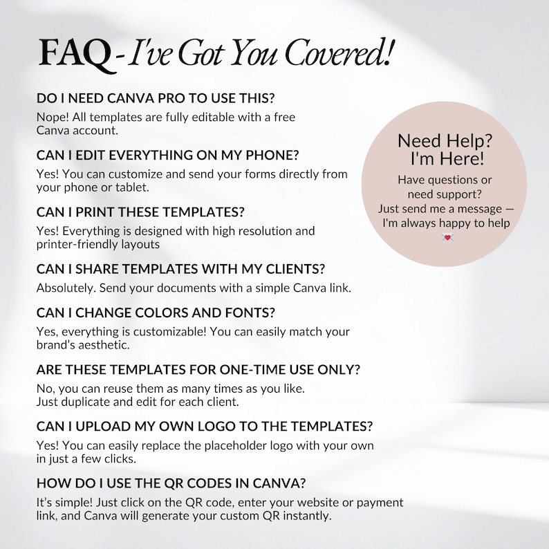 Frequently asked questions for event planner business template bundle explaining Canva editing, mobile customization, printing options, sharing templates with clients, and branding customization for wedding planners and event planning businesses.