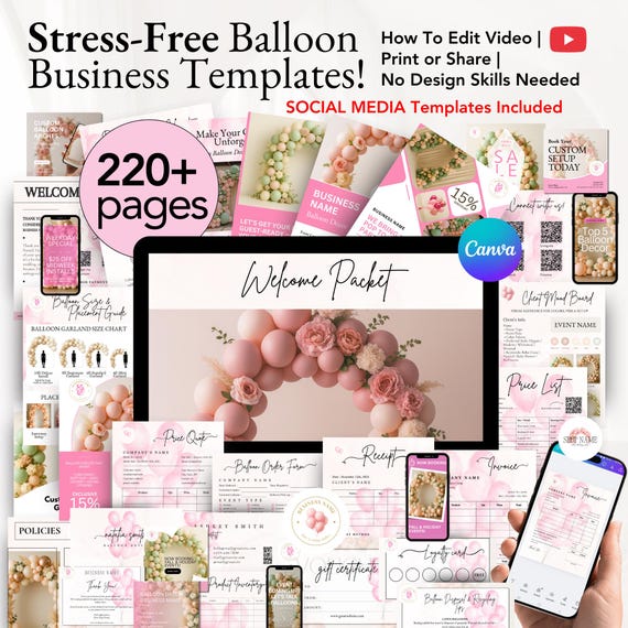 BALLOON BUSINESS BUNDLE, Balloon Order Form, Balloon Artist Contract Template, Balloon Business Cards, Balloon Garland Price Sheet Canva