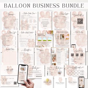 Kit de MARCA DE NEGÓCIOS DE BALÕES – Modelos Canva editáveis para menu de preços, folhetos de serviços, cartões de visita e formulários para decoradores de balões