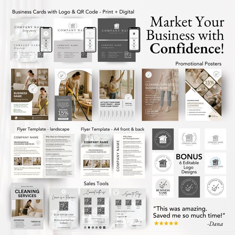 Cleaning company starter kit with branded business cards, gift certificates, loyalty cards, and tear-off flyers for cleaning marketing success.