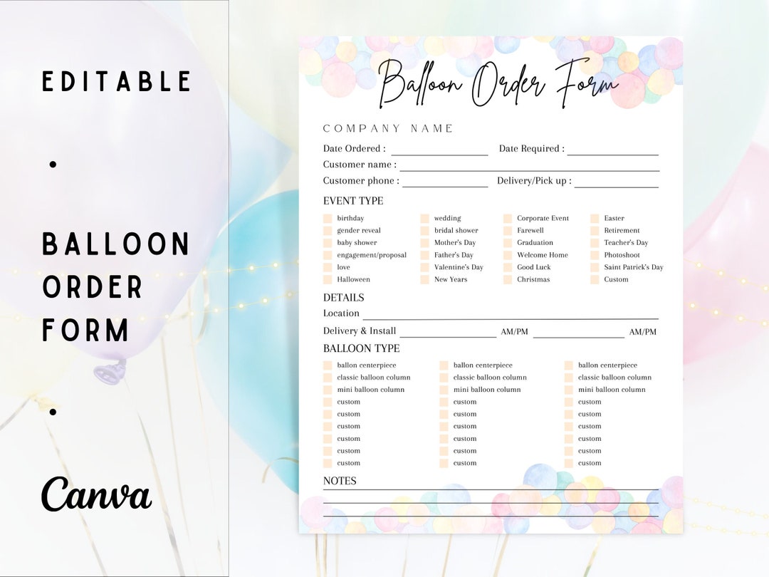 EDITABLE BALLOON ORDER Form Template Balloon Order Tracker Etsy