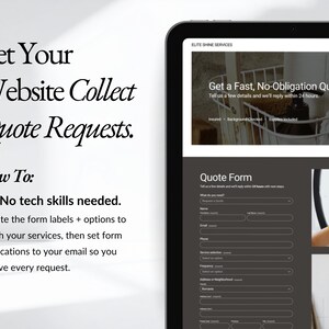 Cleaning business website template with built-in Get a Quote page and lead capture form including service selection, property details, frequency options, and preferred dates. Ideal for maid services and cleaning companies wanting to collect inquiries and book jobs online.