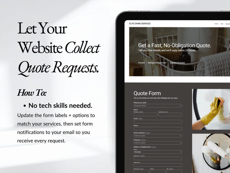 Cleaning business website template with built-in Get a Quote page and lead capture form including service selection, property details, frequency options, and preferred dates. Ideal for maid services and cleaning companies wanting to collect inquiries and book jobs online.