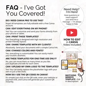 May include: A graphic with the text "FAQ - I've Got You Covered!" and answers to common questions about Canva templates. Includes a YouTube video link and a Squarespace template link. A phone and tablet are shown.