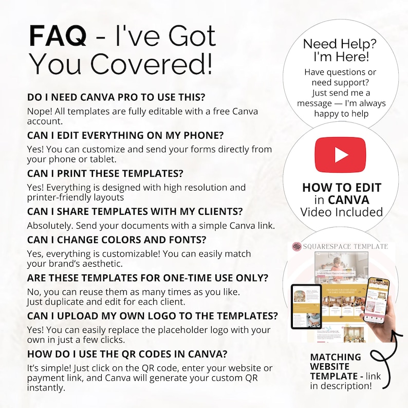 May include: A graphic with the text "FAQ - I've Got You Covered!" and answers to common questions about Canva templates. Includes a YouTube video link and a Squarespace template link. A phone and tablet are shown.