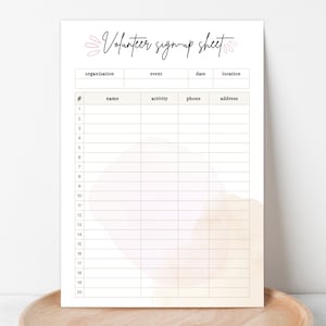 VOLUNTEER SIGN UP Sheet, Volunteer Sign Up List Template, Printable Sign in Sheet for Volunteers, Editable Sign in List Canva Template