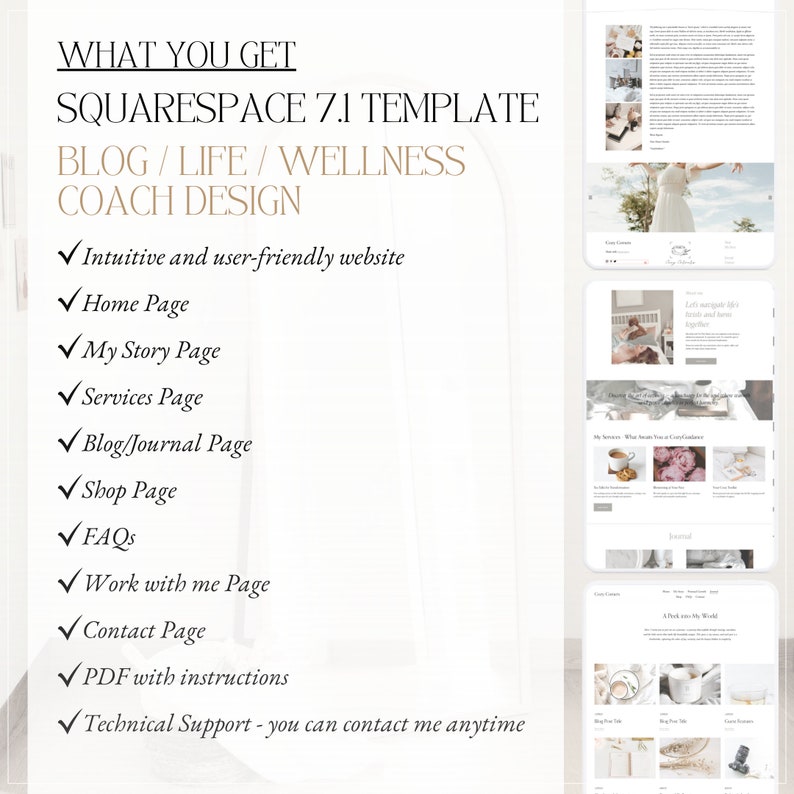 Coaching website template designed for life coaches and wellness professionals, utilizing Squarespace Template Coach. This template offers a sleek and modern design for creating a standout coach website