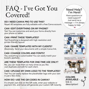 Cleaning template FAQ with answers about Canva editing, printing, branding, and QR code use — includes buyer support and overview of included items.