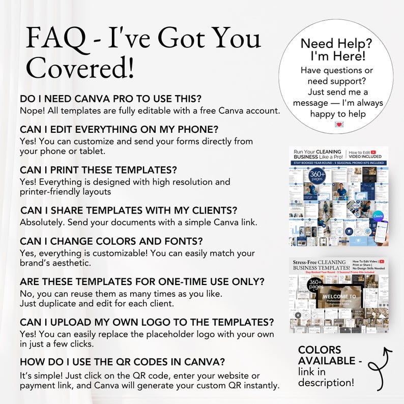 Cleaning template FAQ with answers about Canva editing, printing, branding, and QR code use — includes buyer support and overview of included items.