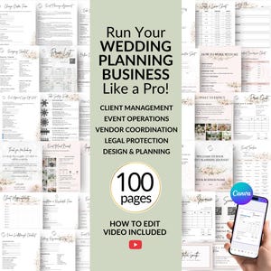 Wedding planner business bundle with 100 editable Canva templates including wedding planning forms, client onboarding, contracts, pricing sheets, vendor coordination tools, and business management documents for wedding planners, wedding coordinators, and event planning businesses.