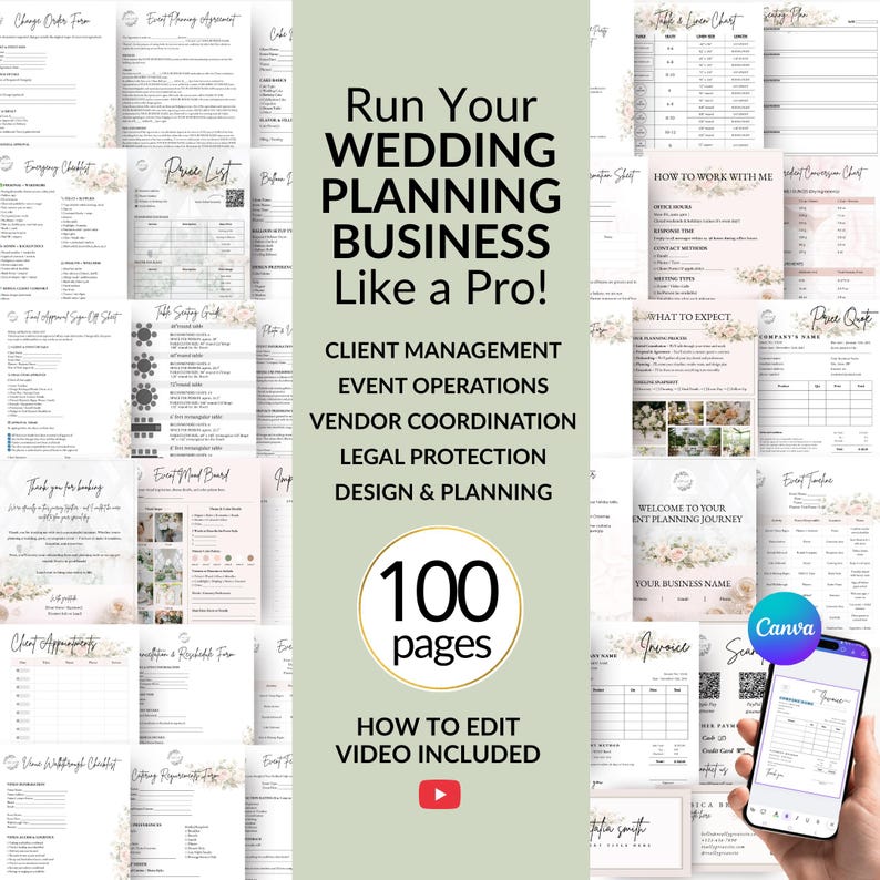Wedding planner business bundle with 100 editable Canva templates including wedding planning forms, client onboarding, contracts, pricing sheets, vendor coordination tools, and business management documents for wedding planners, wedding coordinators, and event planning businesses.