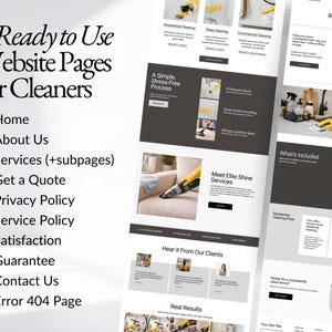 Squarespace cleaning business website template with 9 ready-to-use pages including Home, About, Services, Get a Quote, Privacy Policy, Service Policy, Satisfaction Guarantee, Contact, and 404 page. Perfect for residential and commercial cleaning companies wanting a complete, launch-ready website.