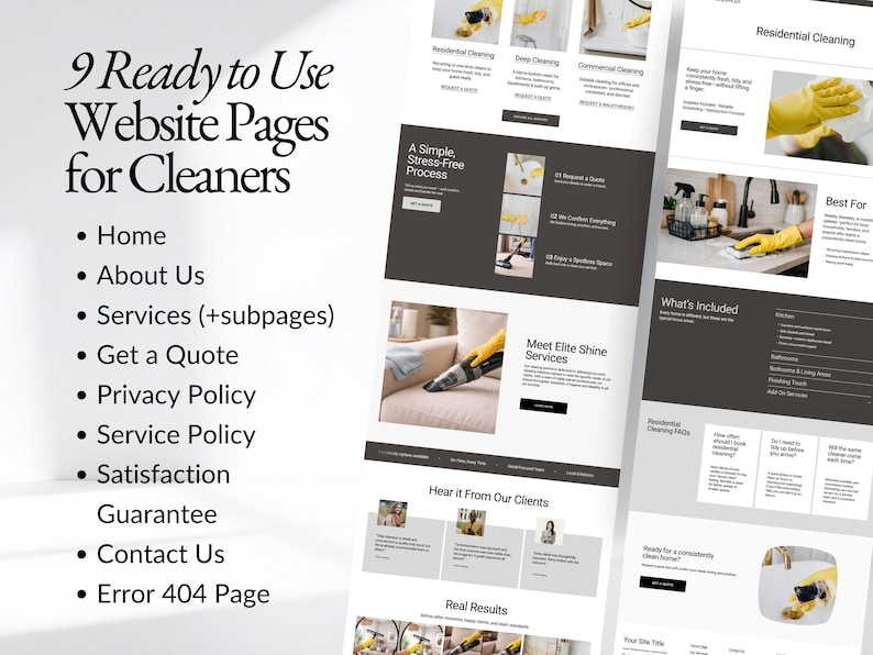 Squarespace cleaning business website template with 9 ready-to-use pages including Home, About, Services, Get a Quote, Privacy Policy, Service Policy, Satisfaction Guarantee, Contact, and 404 page. Perfect for residential and commercial cleaning companies wanting a complete, launch-ready website.