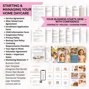 Business startup templates for new home daycare providers including licensing checklist, business plan, daily schedule, and child info form — all editable in Canva.
