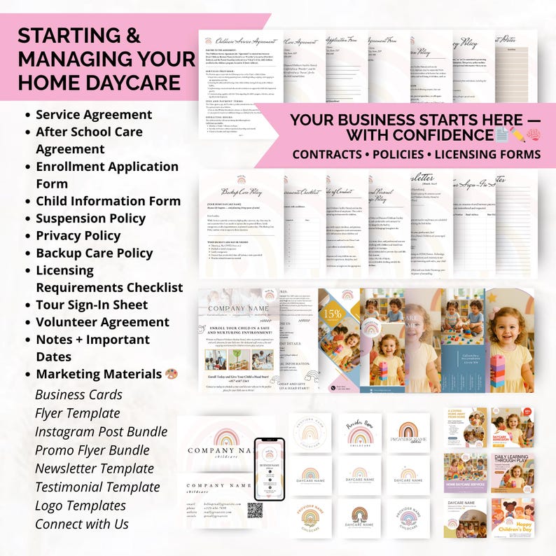 Business startup templates for new home daycare providers including licensing checklist, business plan, daily schedule, and child info form — all editable in Canva.