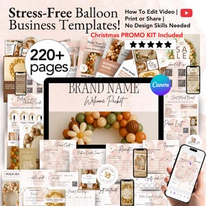 Könnte beinhalten: Ein digitales Vorlagenpaket für Ballonunternehmen mit über 220 Seiten. Enthält Vorlagen für Preise, Rechnungen und Willkommenspakete. Das Design verwendet weiche, neutrale Töne und zeigt Ballongirlanden-Designs.