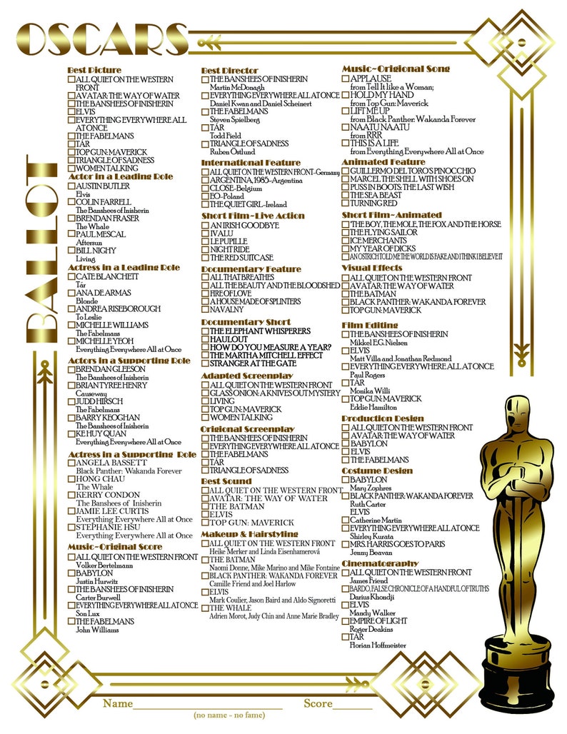 Ballot 95th Academy Awards Printable Ballot Etsy
