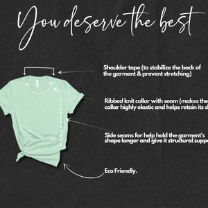 May include: A light green t-shirt with a ribbed knit collar and side seams. The text "You deserve the best" is at the top of the image. The image highlights the construction details of the t-shirt, including the shoulder tape, collar, and side seams.