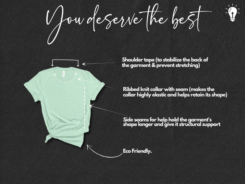 May include: A light green t-shirt with a ribbed knit collar and side seams. The text "You deserve the best" is at the top of the image. The image highlights the construction details of the t-shirt, including the shoulder tape, collar, and side seams.