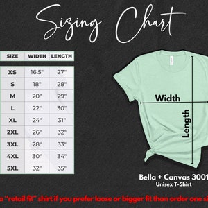 May include: A sizing chart for a Bella + Canvas 3001 Unisex T-Shirt. The chart shows the width and length measurements in inches for sizes XS to 5XL.
