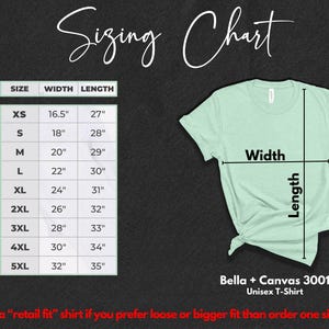 May include: Sizing chart for Bella + Canvas 3001 Unisex T-Shirt. The chart shows the width and length measurements in inches for sizes XS to 5XL.