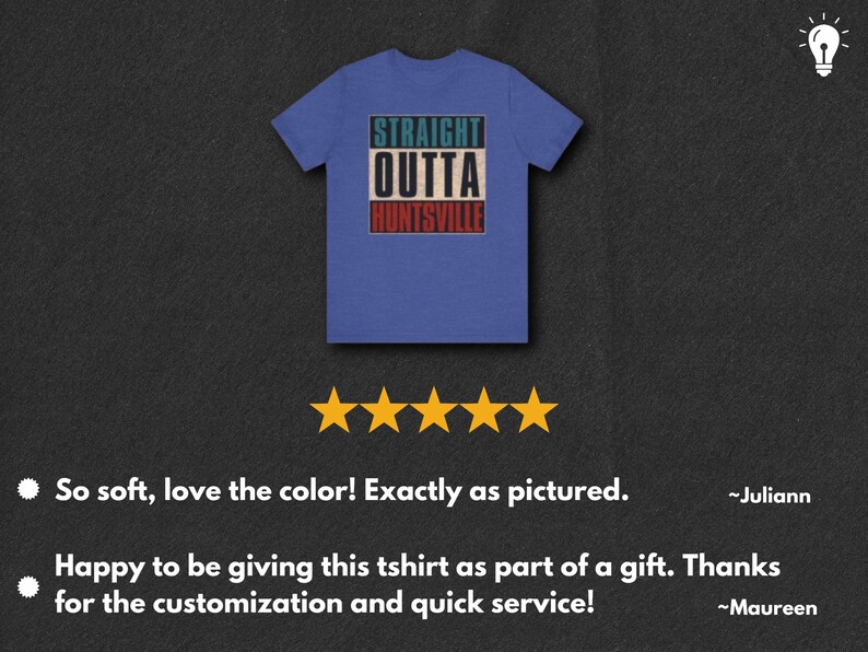 May include: A royal blue t-shirt with the text "STRAIGHT OUTTA HUNTSVILLE" in a vintage style graphic. The text is in a white, green, and red color scheme.