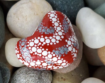 Hand painted Stone, Heart, Dot Painting, Rock Art, Unique Gift, Paperweight, Meditation Stone, Painted Rock, Red, Silver, White