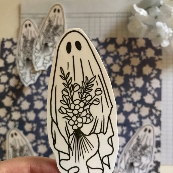 Floral Ghost // Spooky Ghost Sticker // Water Resistant, Glossy, Kiss Cut //