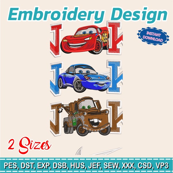 3 in 1 Embroidery design / Cars / mate / sally / from the movie cars each design in 2 sizes