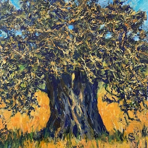 Oliveira de outono laranja Um acrílico ORIGINAL brilhante pequena paisagem mediterrânea pintando uma árvore em um campo de Chipre Bosque na vila de Erimi