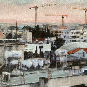 Gru Neapoli Limassol . Un ORIGINALE collage di pittura ad acquerello mediterraneo Paesaggio urbano di Cipro Un cielo serale rosa sui tetti della città
