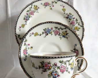 Tuscan Trio, White with multicoloured floral design, Cup Saucer Plate 1940s / 1950s