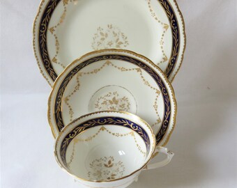 Tuscan Trio, White with Blue and Gilt decoration, Cup Saucer Plate 1930s / 1940s