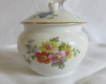 Lidded Sugar Bowl or Preserve Pot, white with flowers, gilt trim Tuscan China 1930s / 1940s