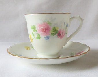 Tuscan White Cup and Saucer, Pink Flowers, gilt edging, demi tasse, 1940s / 1950s