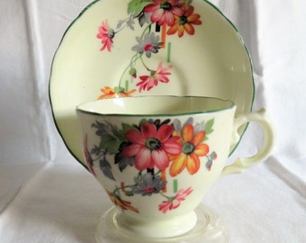 Tuscan Cream and Green Floral Cup and Saucer, 1930s 1940s