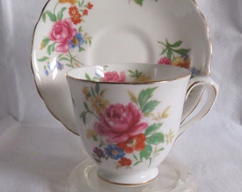 Small White Cup and Saucer, Flowers, gilt edging, demi tasse, Tuscan China / 1950s