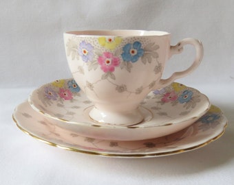Tuscan Pink Floral Trio, Cup Saucer Plate 1930s