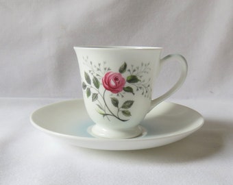 Tuscan White and Blue Cup and Saucer, Pink Roses, demi tasse, 1940s / 1950s Rosetta pattern