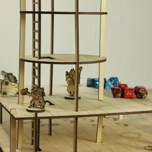 Pu&ograve; includere: Una torre di legno con pi&ugrave; livelli, una scala e una piccola figura in piedi sul livello superiore. Ci sono anche dadi e un piccolo cannone sui livelli inferiori.