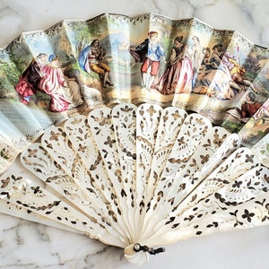 19th c. Mother Of Pearl French Hand Painted Hand Fan