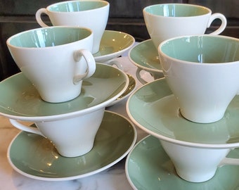 Set of 8 1960s Harker, "Persian Key" Or "Ivy Wreath" Cups & Saucers, Sage Green and Cream