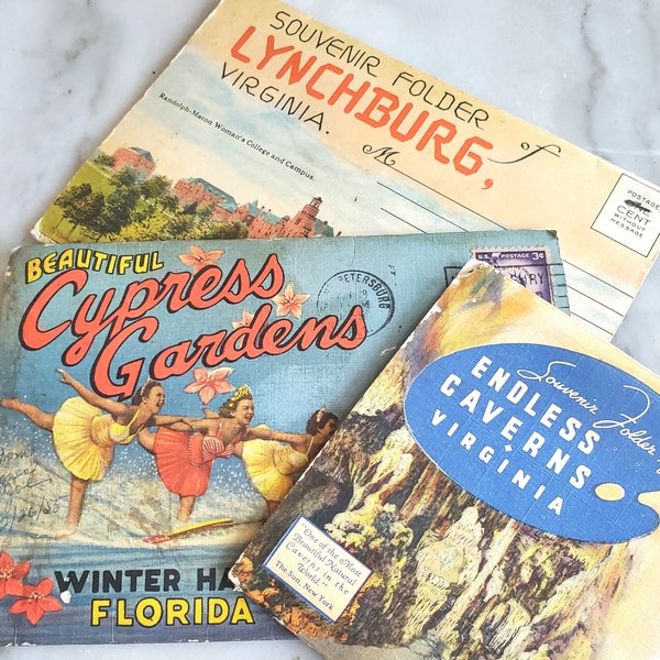 Vintage Fold Out Postcards Souvenir Folders, Cypress Gardens, Lynchburg VA or Endless Caverns, VA, Souvenir Photo Booklets 1940s and 50s