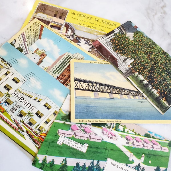 Six Vintage Florida Postcards, Linen Postcards, Unposted & Postmarked 1917 to 1940s